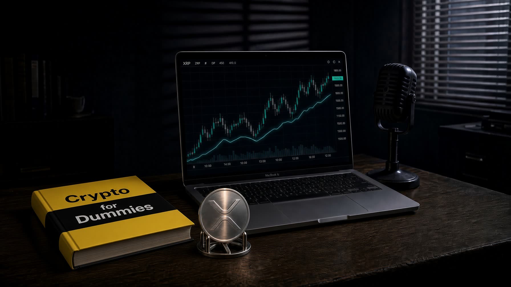 Late-night desk with Crypto for Dummies, a MacBook XRP chart, and an XRP token on the wood